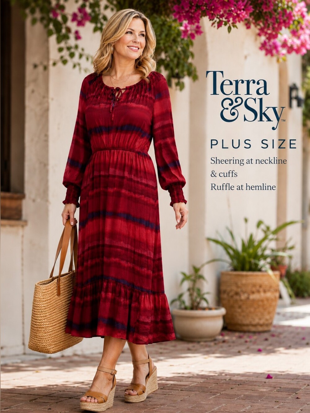 TERRA & SKY Maxi Red BOHO LONG Slv  Smock Tiered Flowy Dress NWOT Sz  (14-16)